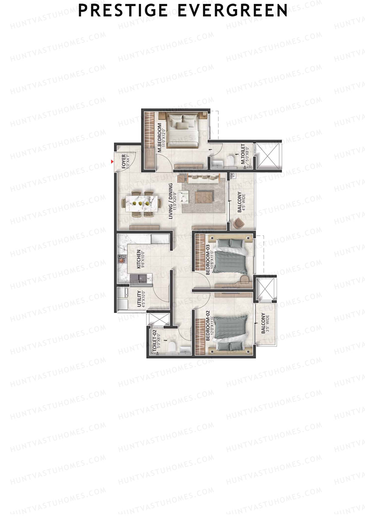 Prestige Evergreen, Tower 3, Unit 3 (Type C2), 3BHK, Super Area 1486   sq ft 