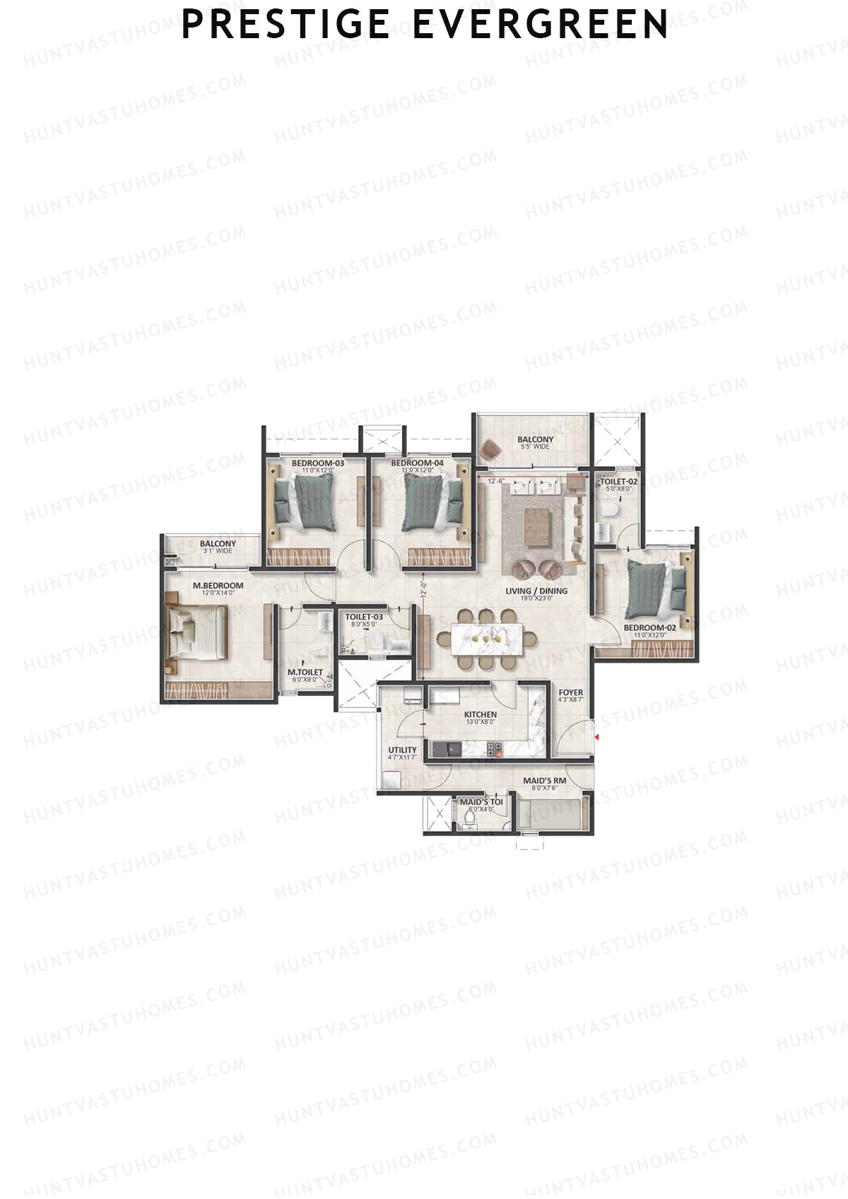 Prestige Evergreen, Tower 3, Unit 7 (Type G1), 4BHK, Super Area 2271   sq ft 