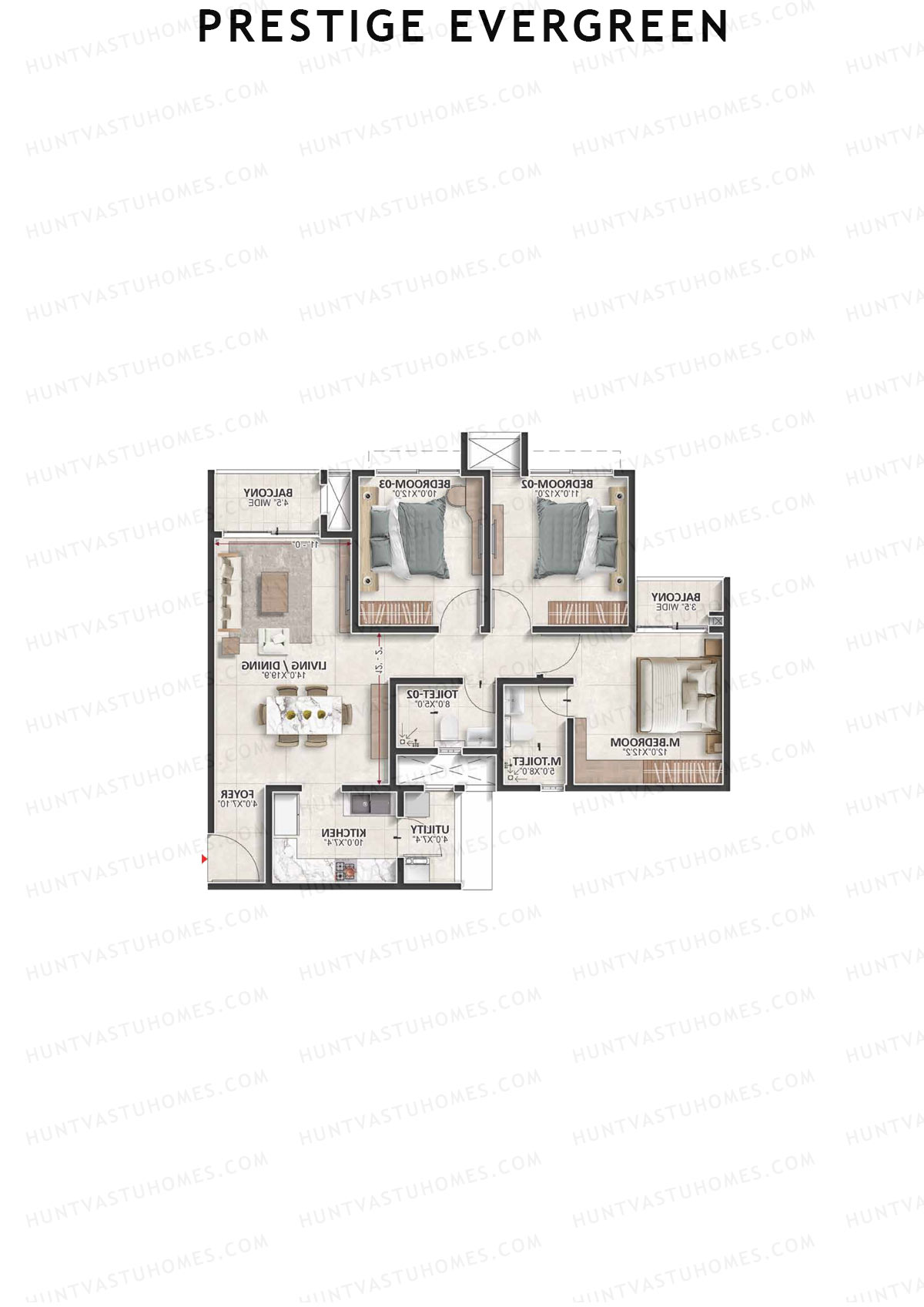 Prestige Evergreen, Tower 3, Unit 8 (Type C1), 3BHK, Super Area 1461   sq ft 