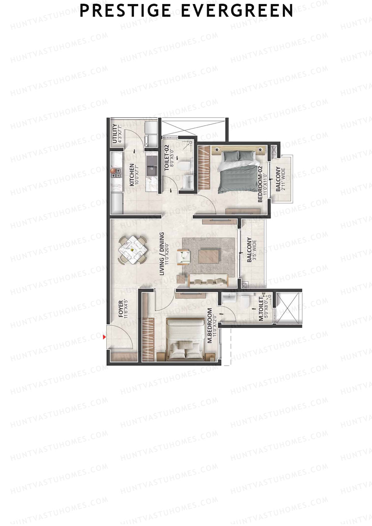 Prestige Evergreen, Tower 4, Unit 1 (Type B3), 2BHK, Super Area 1194   sq ft 