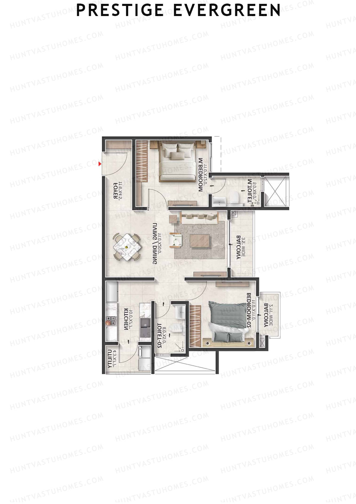 Prestige Evergreen, Tower 4, Unit 2 (Type B3), 2BHK, Super Area 1194   sq ft 