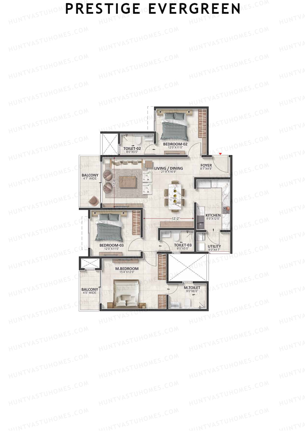 Prestige Evergreen, Tower 4, Unit 3 (Type D7), 3BHK, Super Area 1778   sq ft 