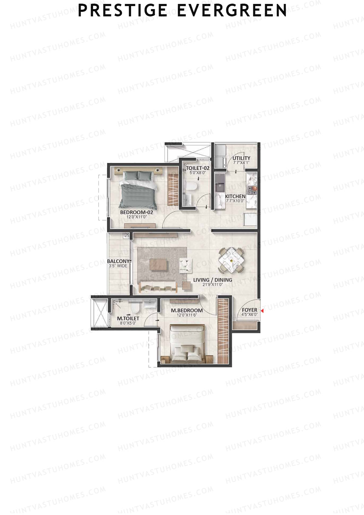 Prestige Evergreen, Tower 4, Unit 4 (Type B2), 2BHK, Super Area 1174   sq ft 