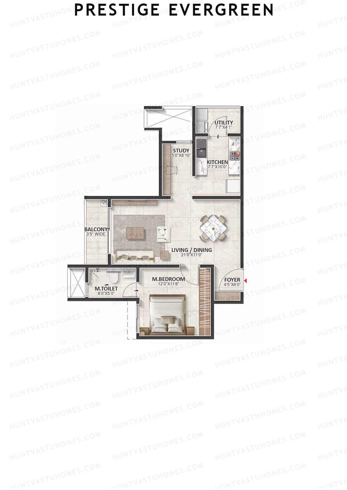 Prestige Evergreen, Tower 4, Unit 4 (Type B2A), 1BHK, Super Area 971   sq ft 