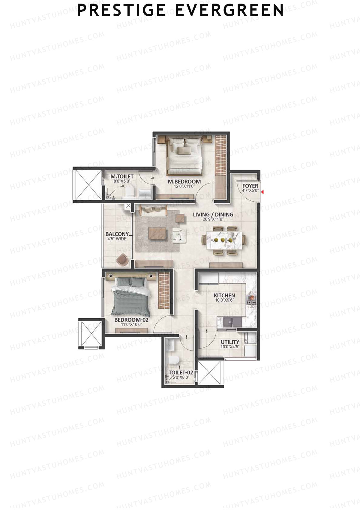 Prestige Evergreen, Tower 4, Unit 5 (Type C2A), 2BHK, Super Area 1222   sq ft 