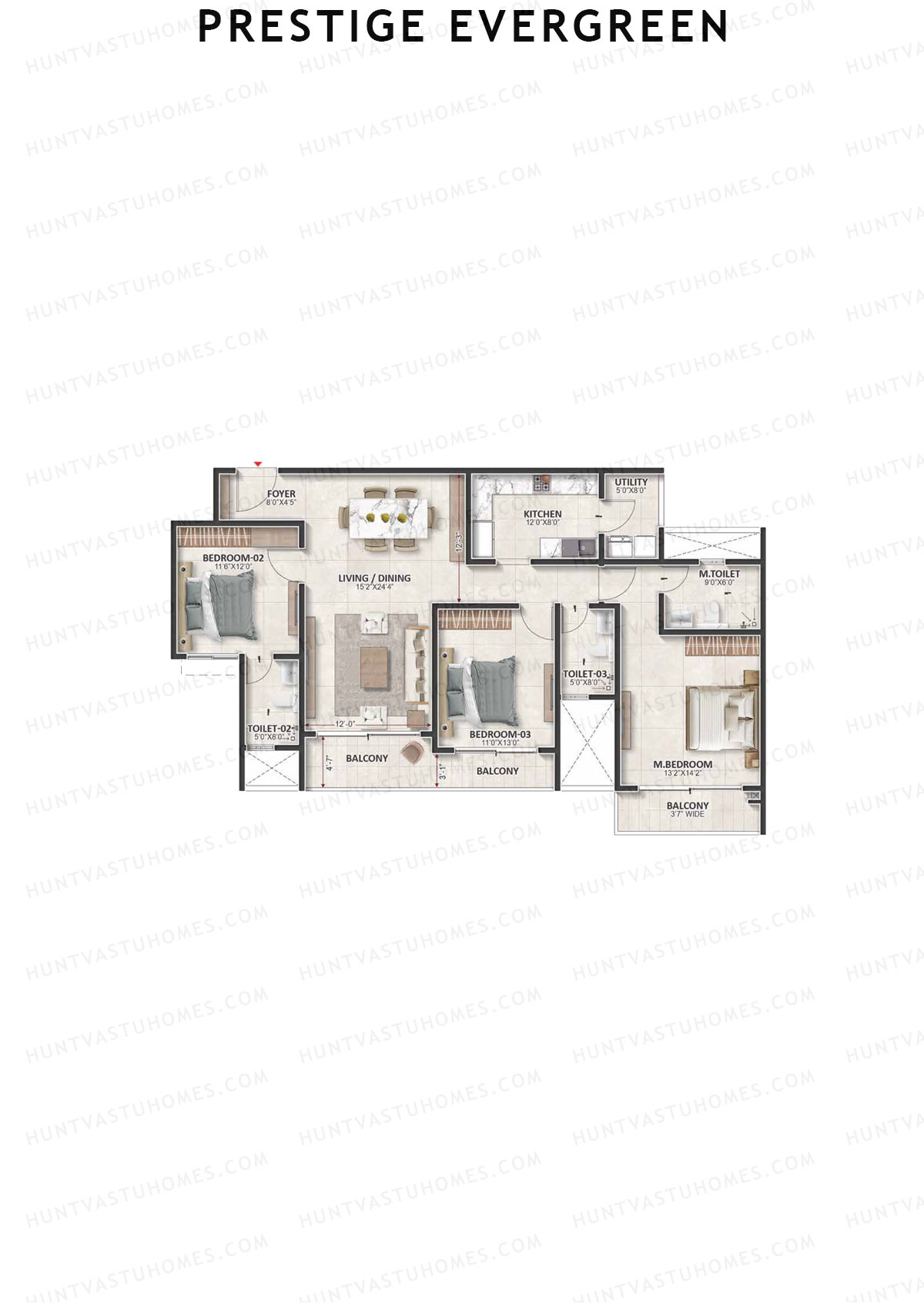 Prestige Evergreen, Tower 4, Unit 5 (Type E4), 3BHK, Super Area 1951   sq ft 