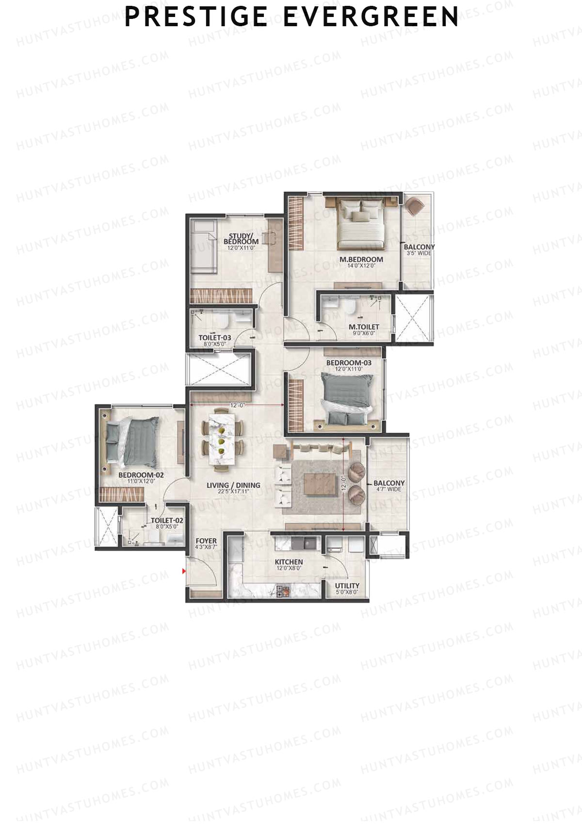 Prestige Evergreen, Tower 4, Unit 7 (Type F3), 3BHK, Super Area 2037   sq ft 