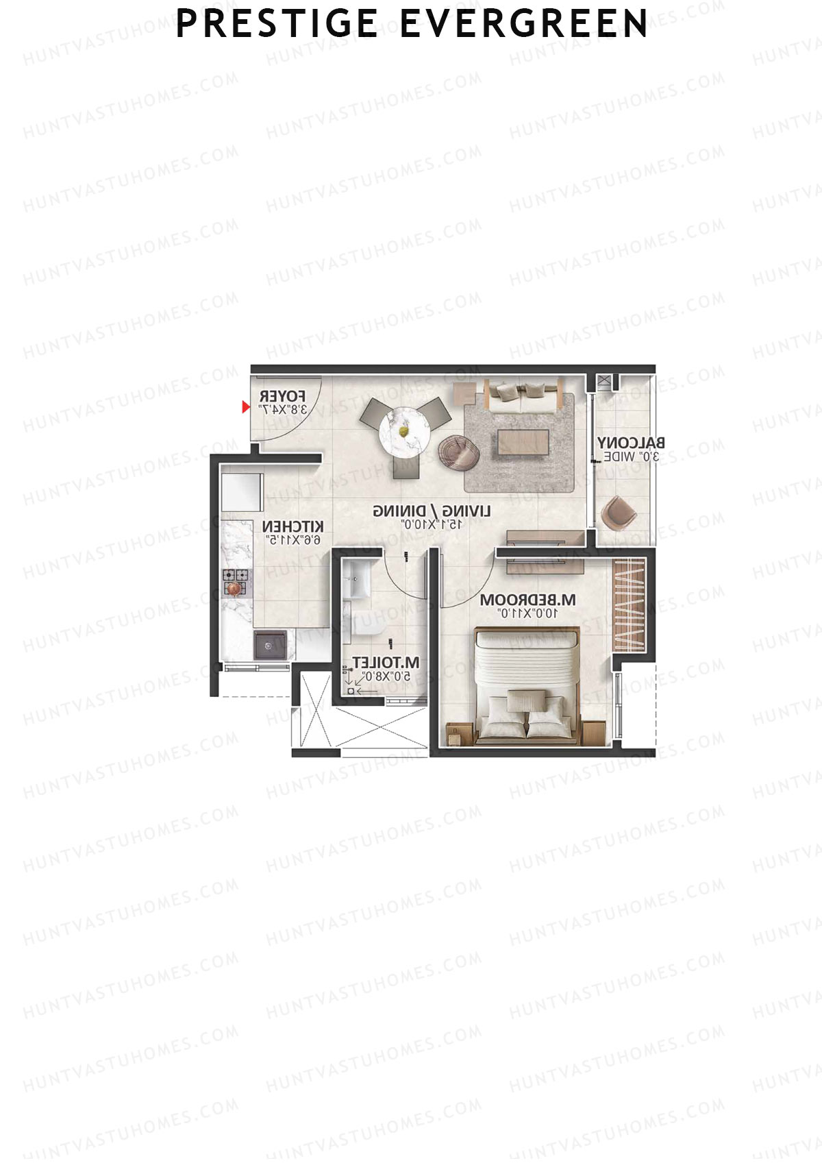 Prestige Evergreen, Tower 5, Unit 2 (Type A), 1BHK, Super Area 659   sq ft 