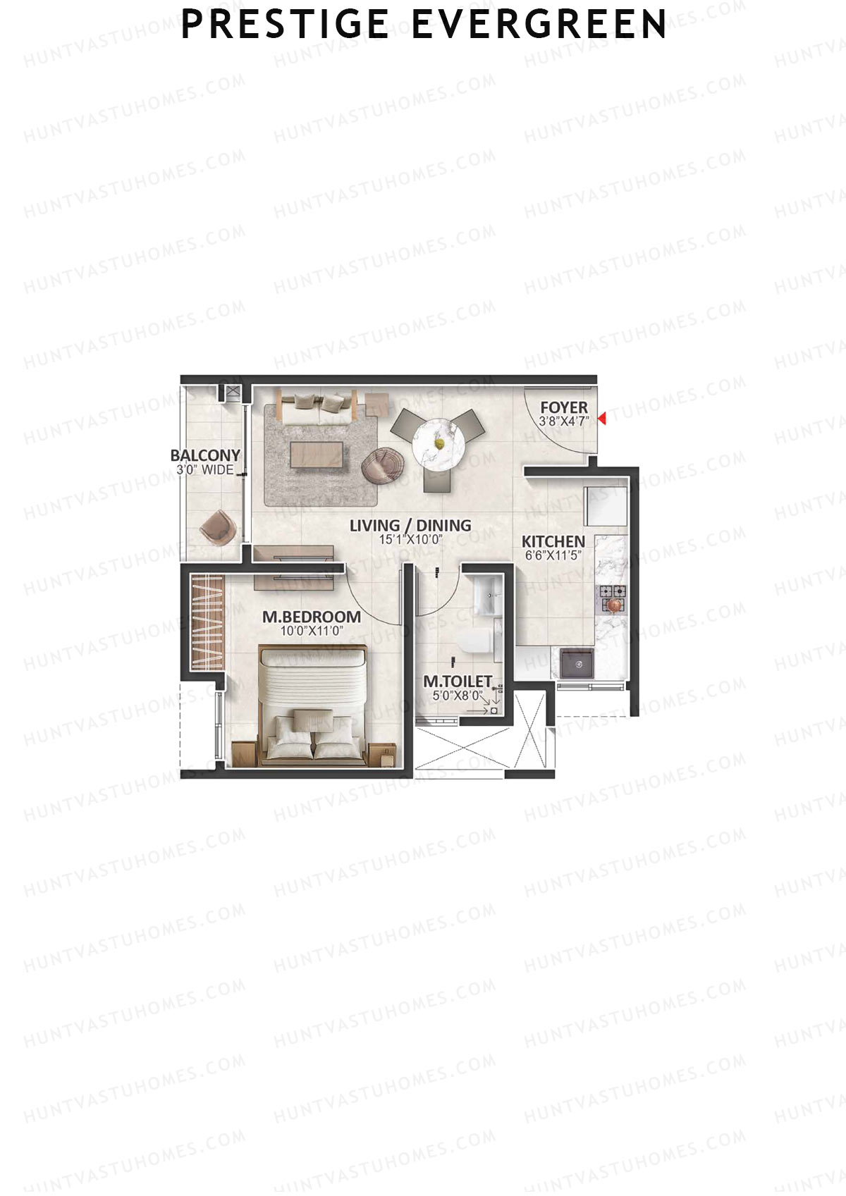 Prestige Evergreen, Tower 5, Unit 4 (Type A), 1BHK, Super Area 659   sq ft 