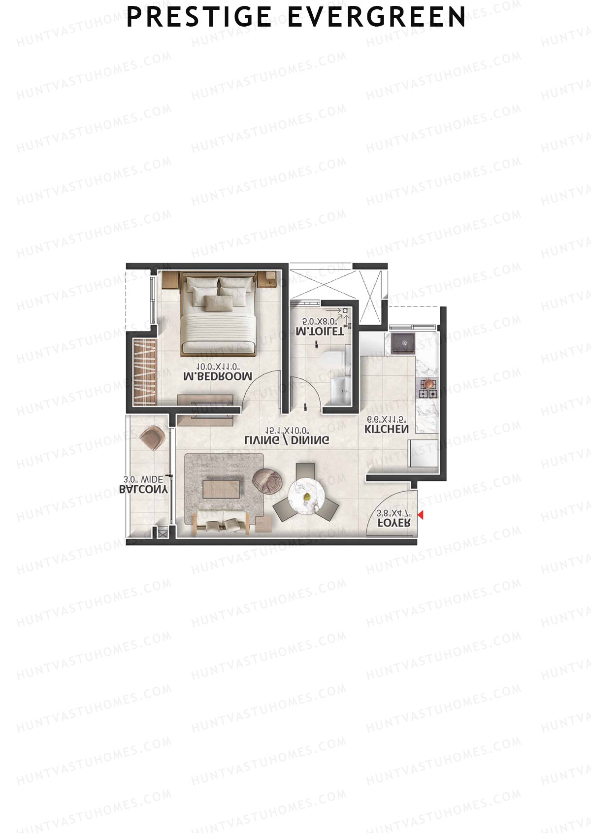 Prestige Evergreen, Tower 5, Unit 5 (Type A), 1BHK, Super Area 659   sq ft 