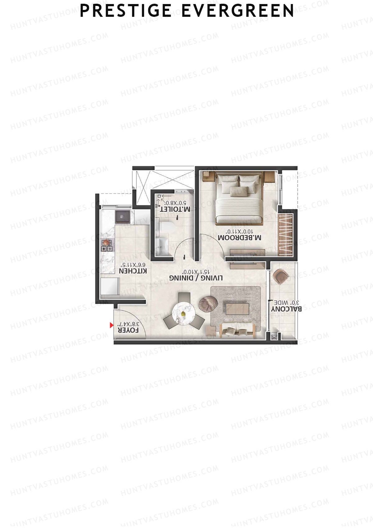 Prestige Evergreen, Tower 5, Unit 8 (Type A), 1BHK, Super Area 659   sq ft 