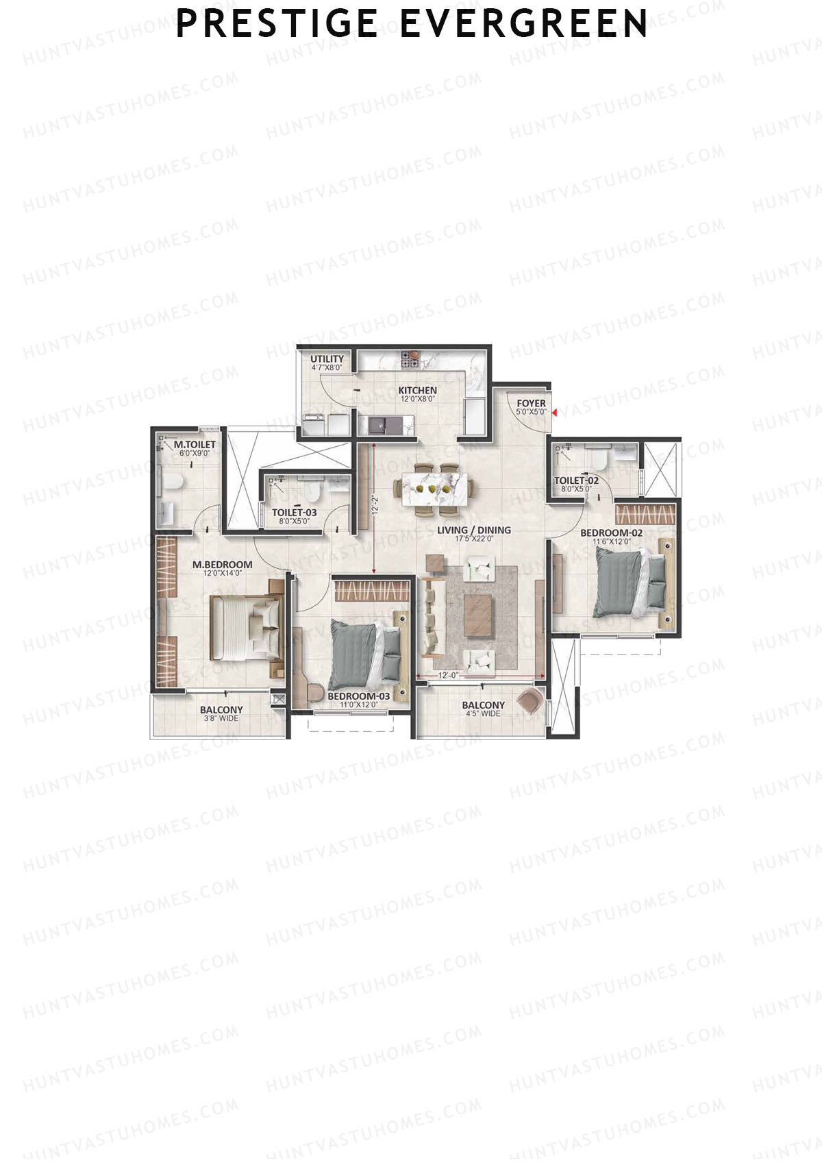Prestige Evergreen, Tower 6, Unit 1 (Type D3), 3BHK, Super Area 1763   sq ft 