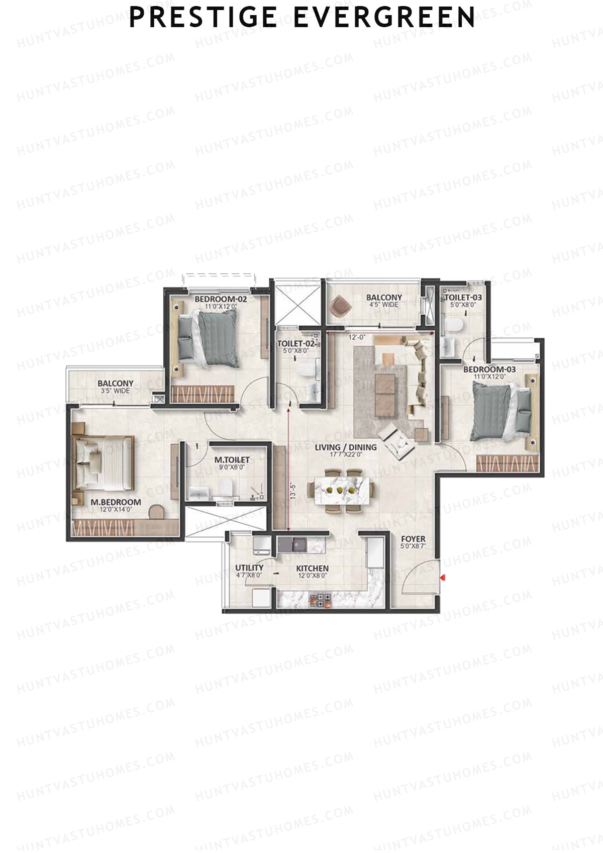 Prestige Evergreen, Tower 6, Unit 2 (Type D6), 3BHK, Super Area 1782   sq ft 