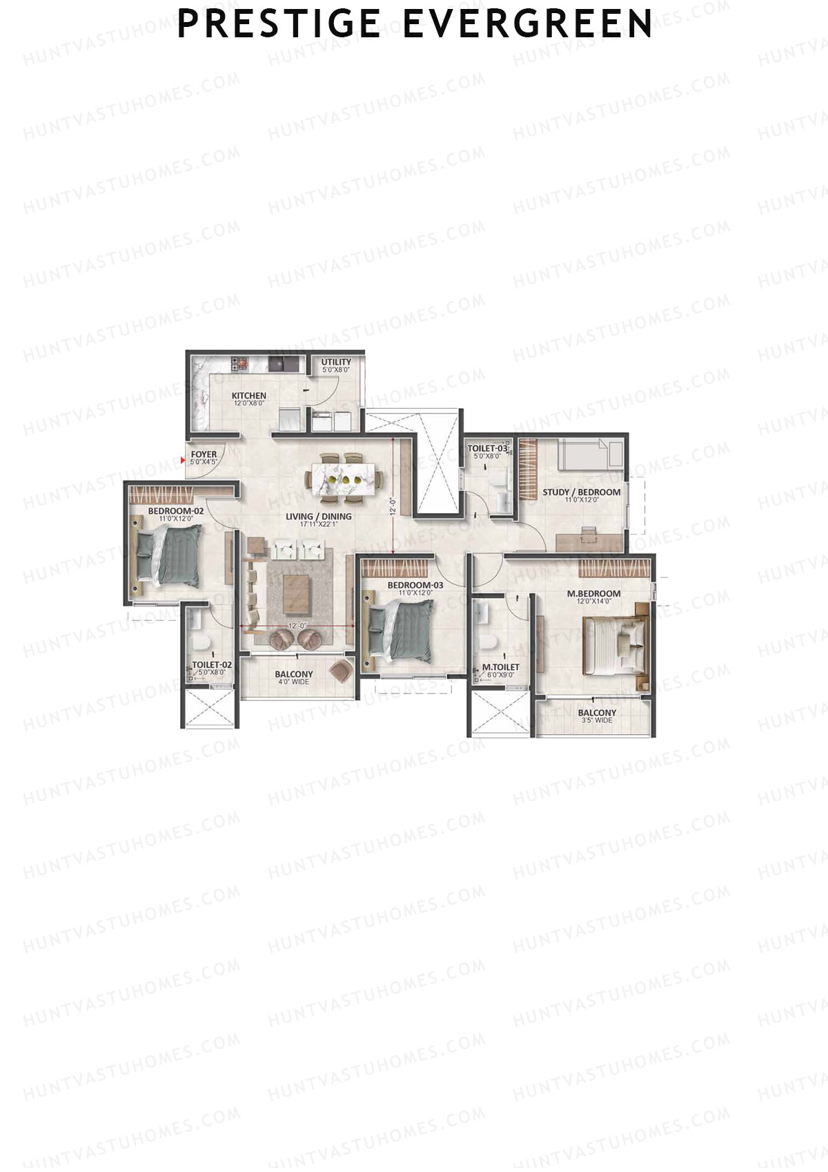 Prestige Evergreen, Tower 6, Unit 5 (Type F2), 3BHK, Super Area 2001   sq ft 