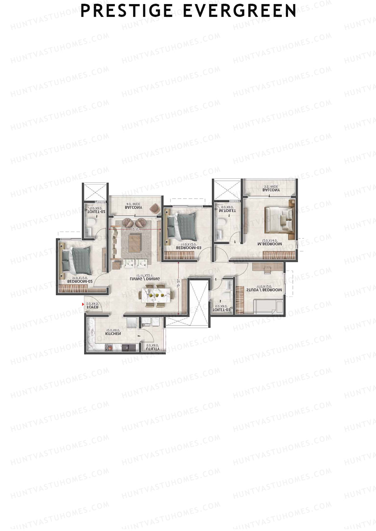 Prestige Evergreen, Tower 7, Unit 2 (Type F2), 3BHK, Super Area 2001   sq ft 