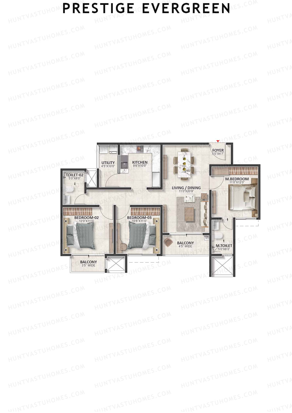 Prestige Evergreen, Tower 7, Unit 4 (Type C2), 3BHK, Super Area 1486   sq ft 
