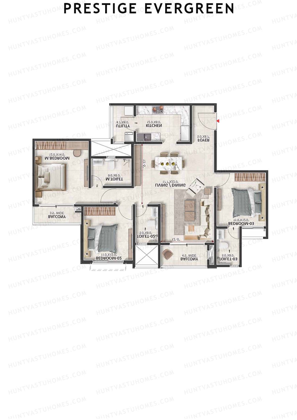 Prestige Evergreen, Tower 7, Unit 5 (Type D6), 3BHK, Super Area 1782   sq ft 