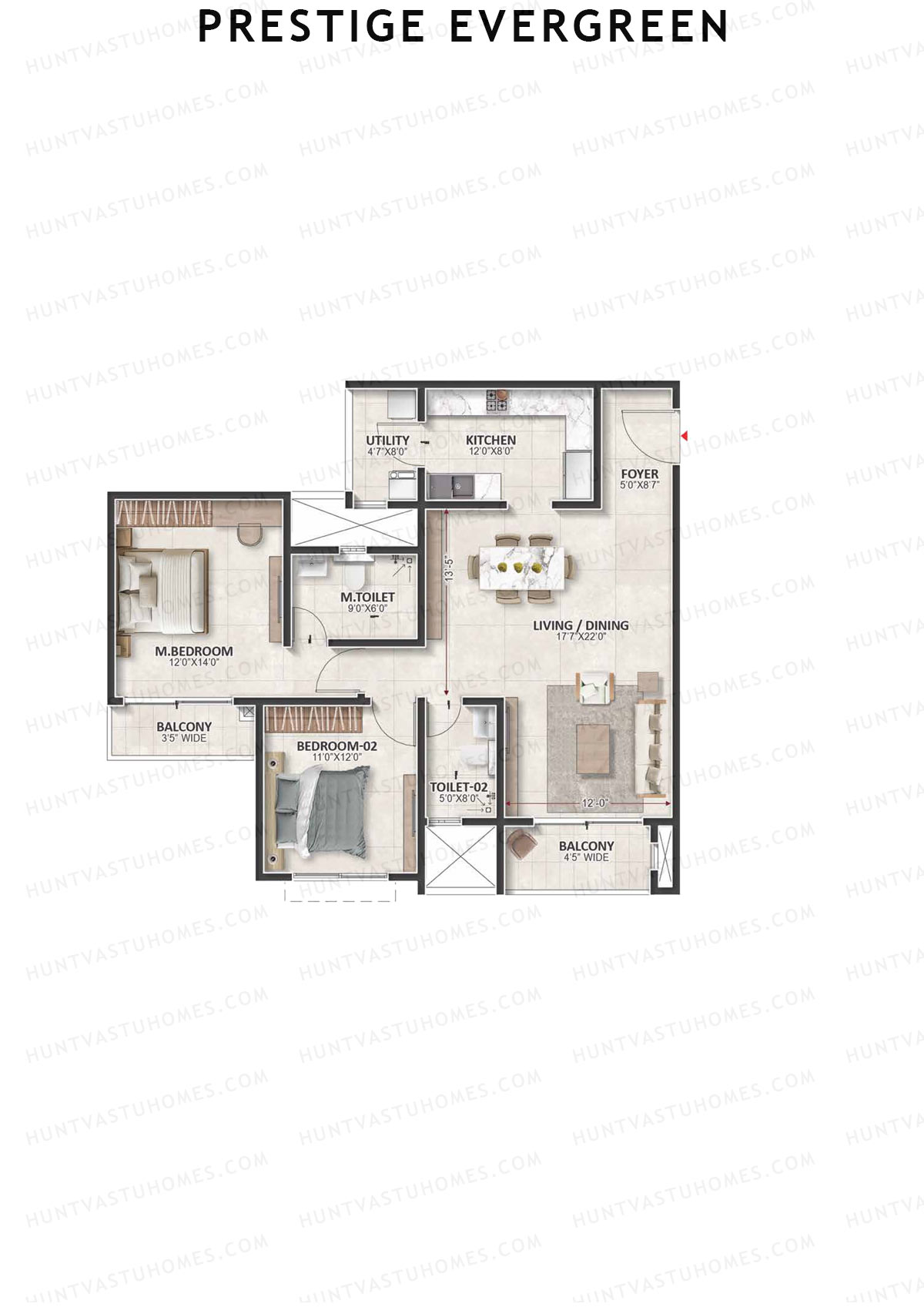 Prestige Evergreen, Tower 7, Unit 5 (Type D6A), 2BHK, Super Area 1526   sq ft 