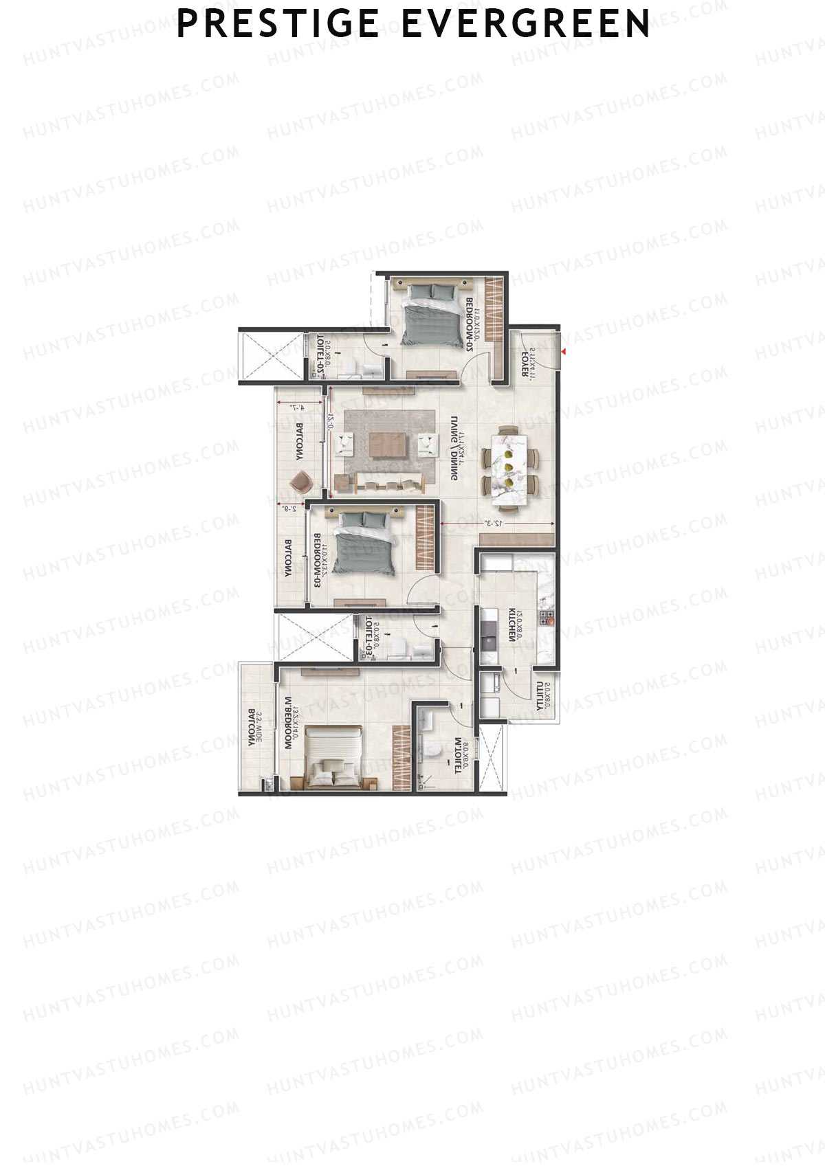 Prestige Evergreen, Tower 8, Unit 1 (Type E3), 3BHK, Super Area 1943   sq ft 