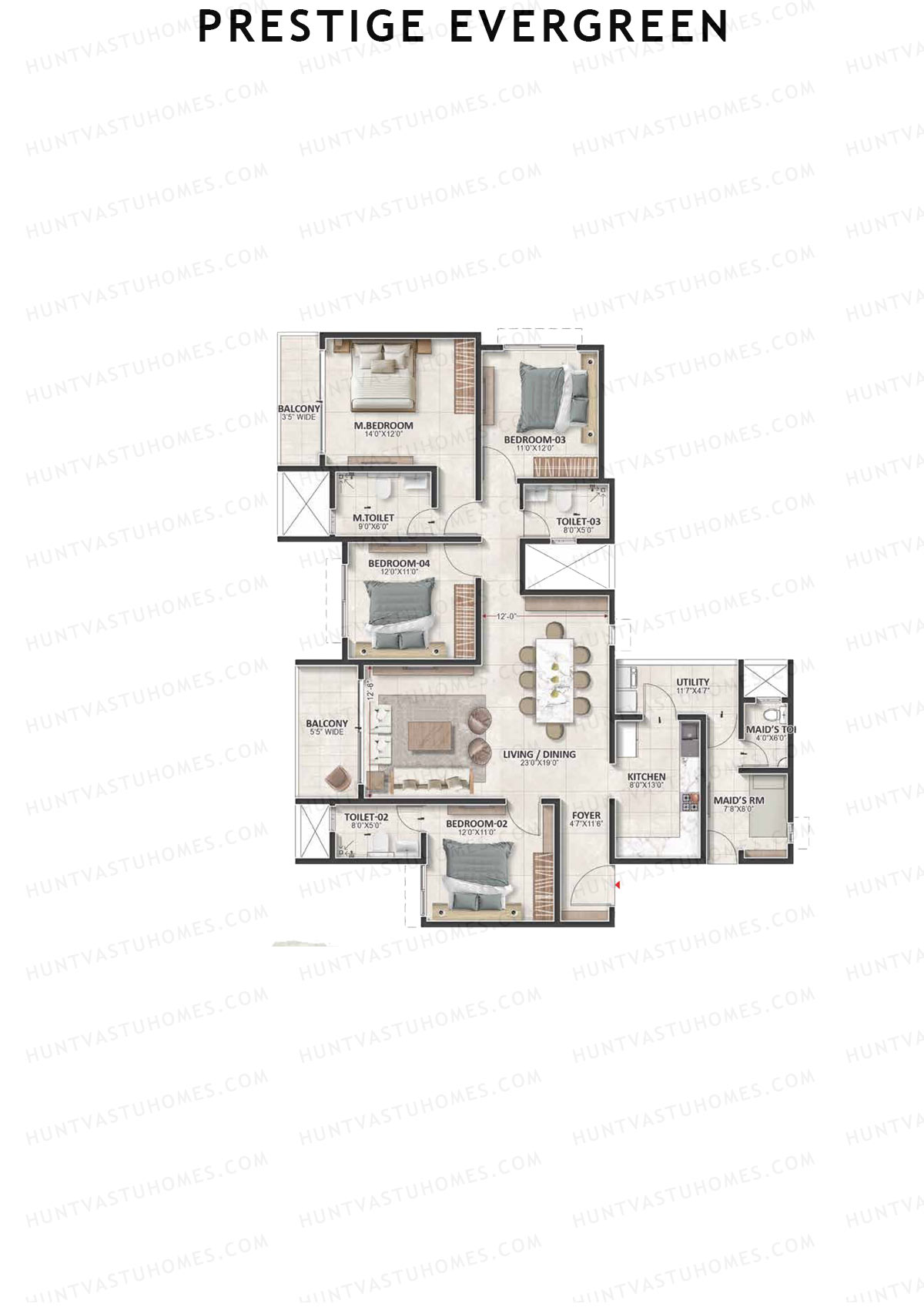 Prestige Evergreen, Tower 8, Unit 2 (Type G2), 4BHK, Super Area 2299   sq ft 