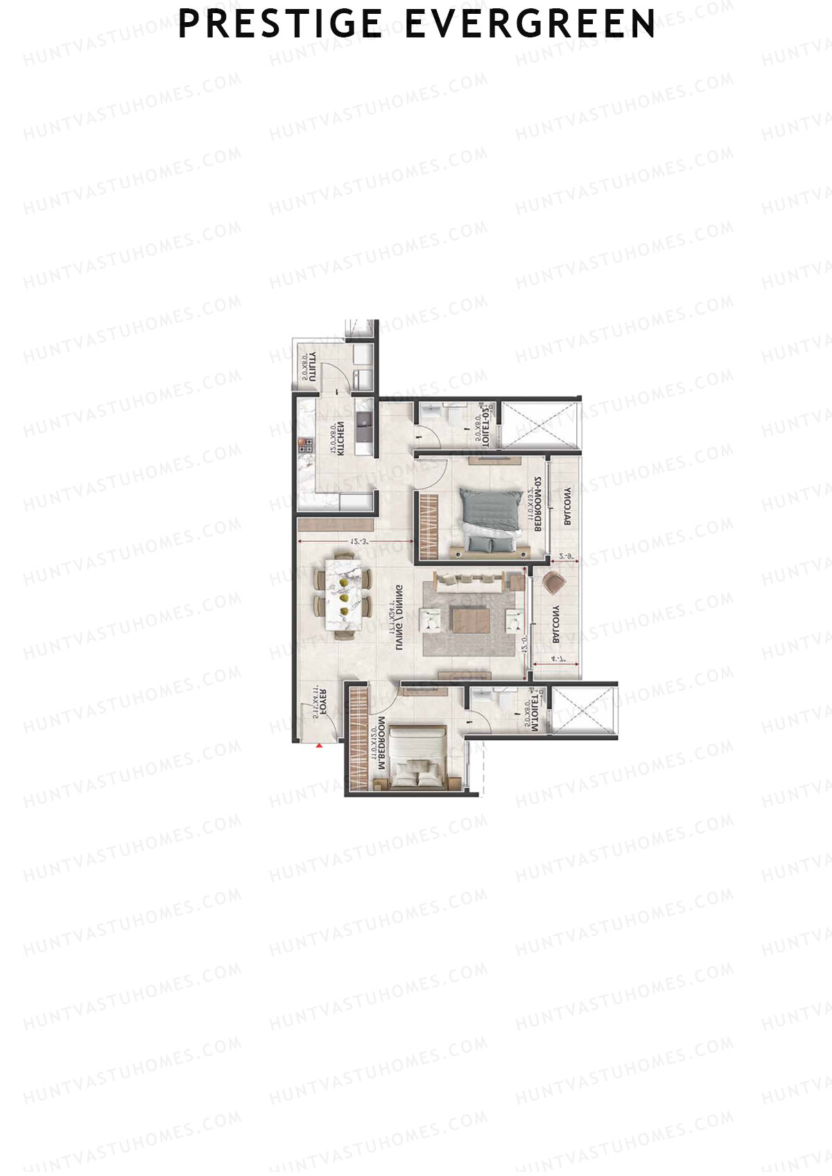 Prestige Evergreen, Tower 8, Unit 4 (Type E3A), 2BHK, Super Area 1504   sq ft 