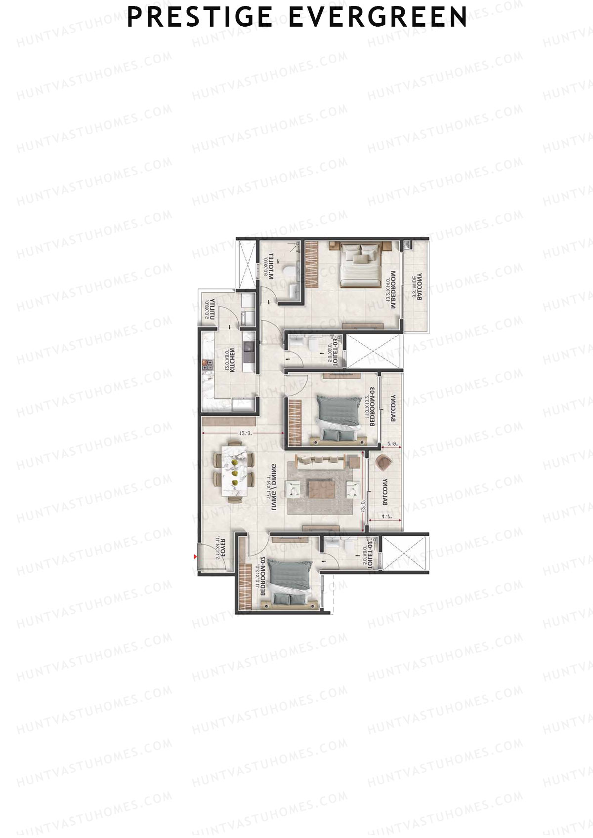 Prestige Evergreen, Tower 8, Unit 4 (Type E3B), 3BHK, Super Area 1943   sq ft 