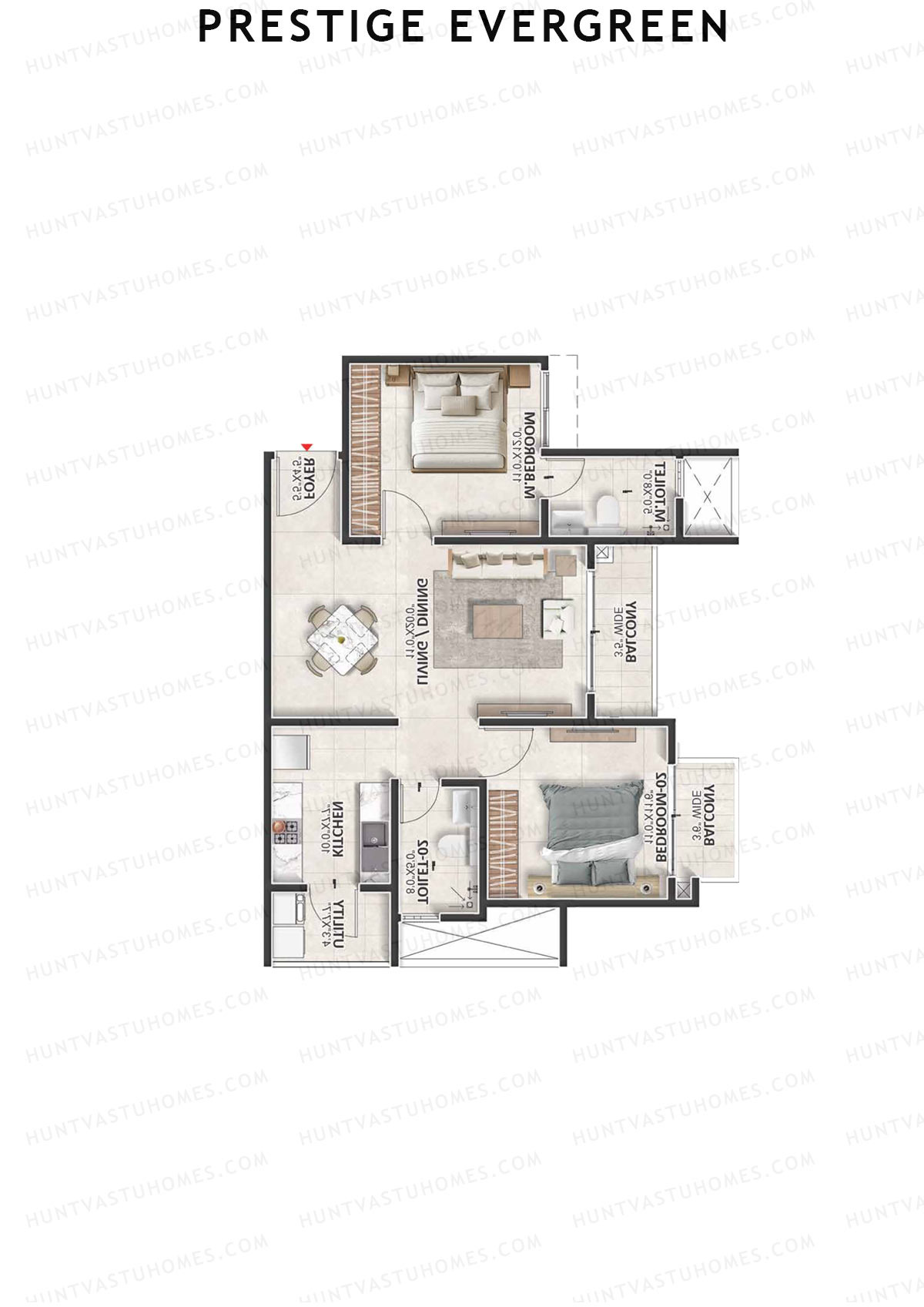 Prestige Evergreen, Tower 8, Unit 5 (Type B1), 2BHK, Super Area 1177   sq ft 