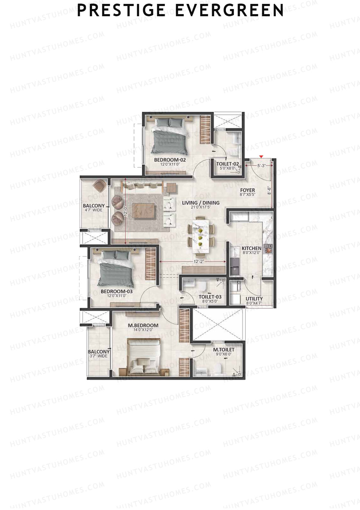 Prestige Evergreen, Tower 8, Unit 6 (Type D8), 3BHK, Super Area 1759   sq ft 