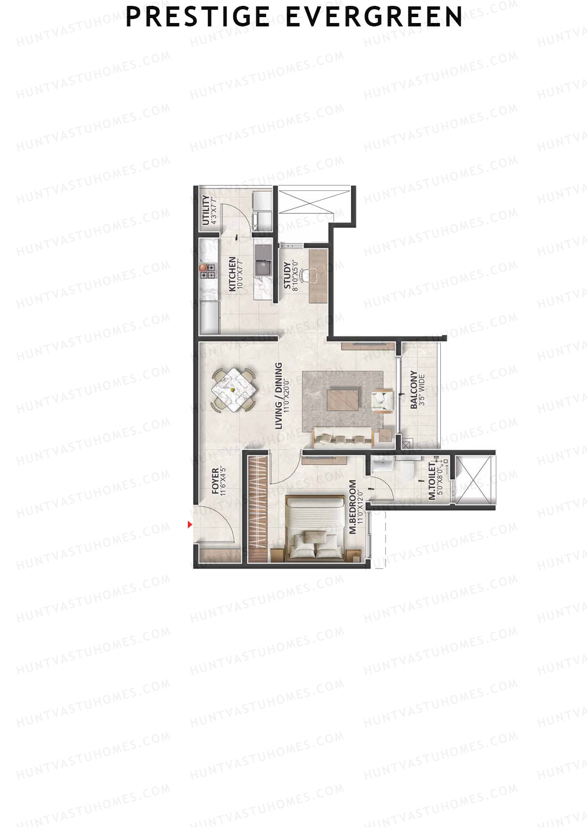 Prestige Evergreen, Tower 9, Unit 1 (Type B3A), 1BHK, Super Area 976   sq ft 