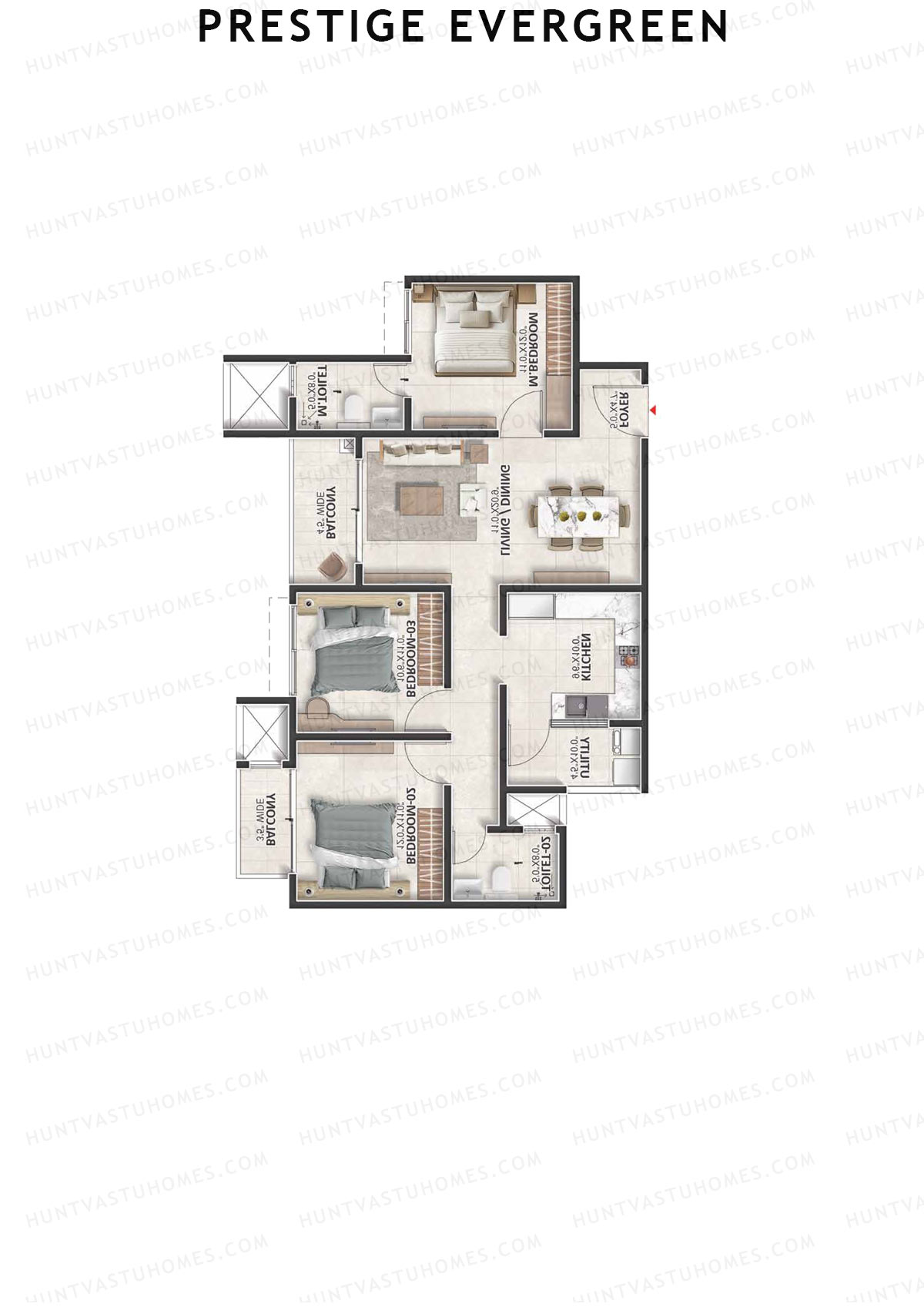 Prestige Evergreen, Tower 9, Unit 5 (Type C2), 3BHK, Super Area 1486   sq ft 