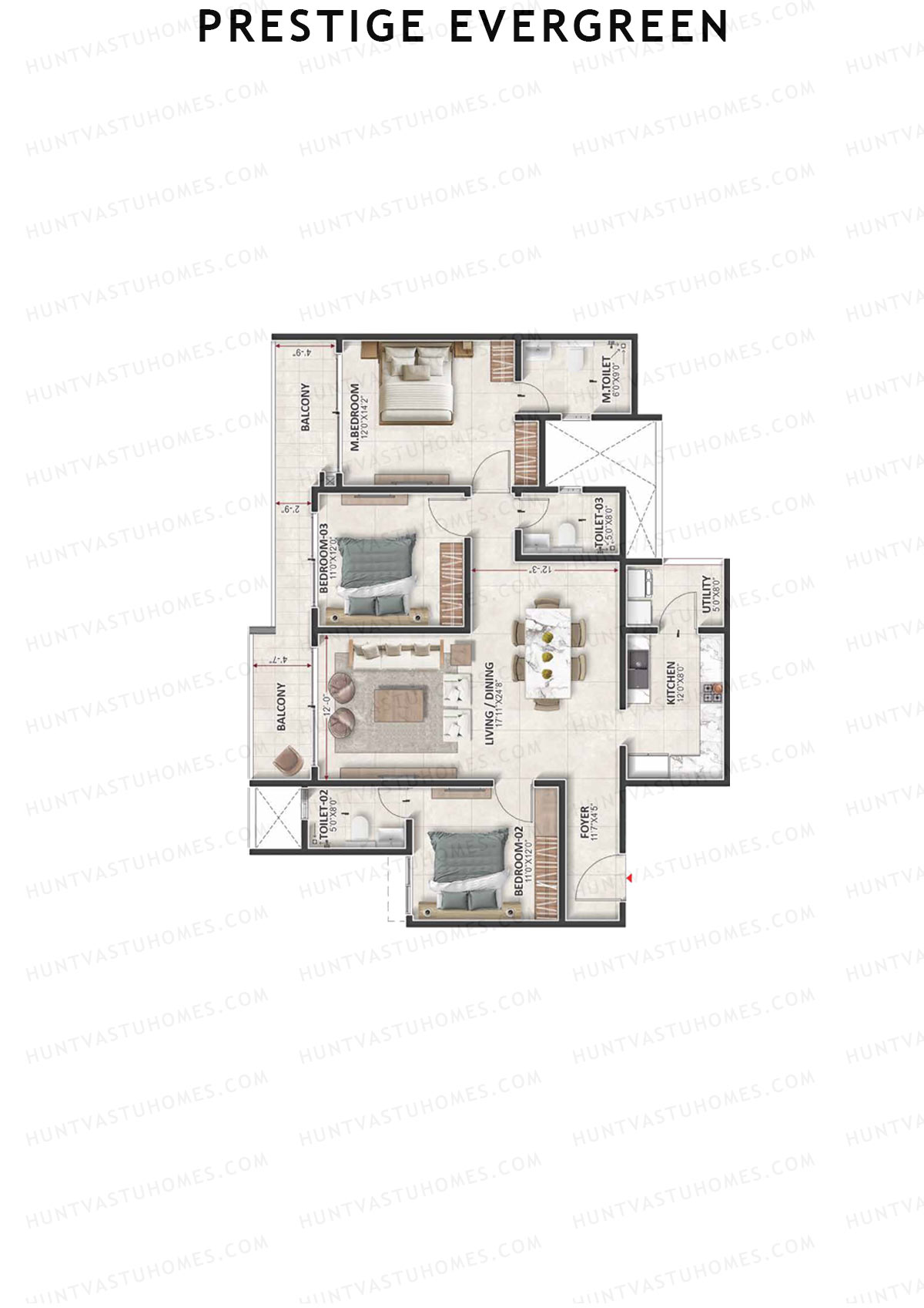 Prestige Evergreen, Tower 9, Unit 6 (Type E2), 3BHK, Super Area 1919   sq ft 