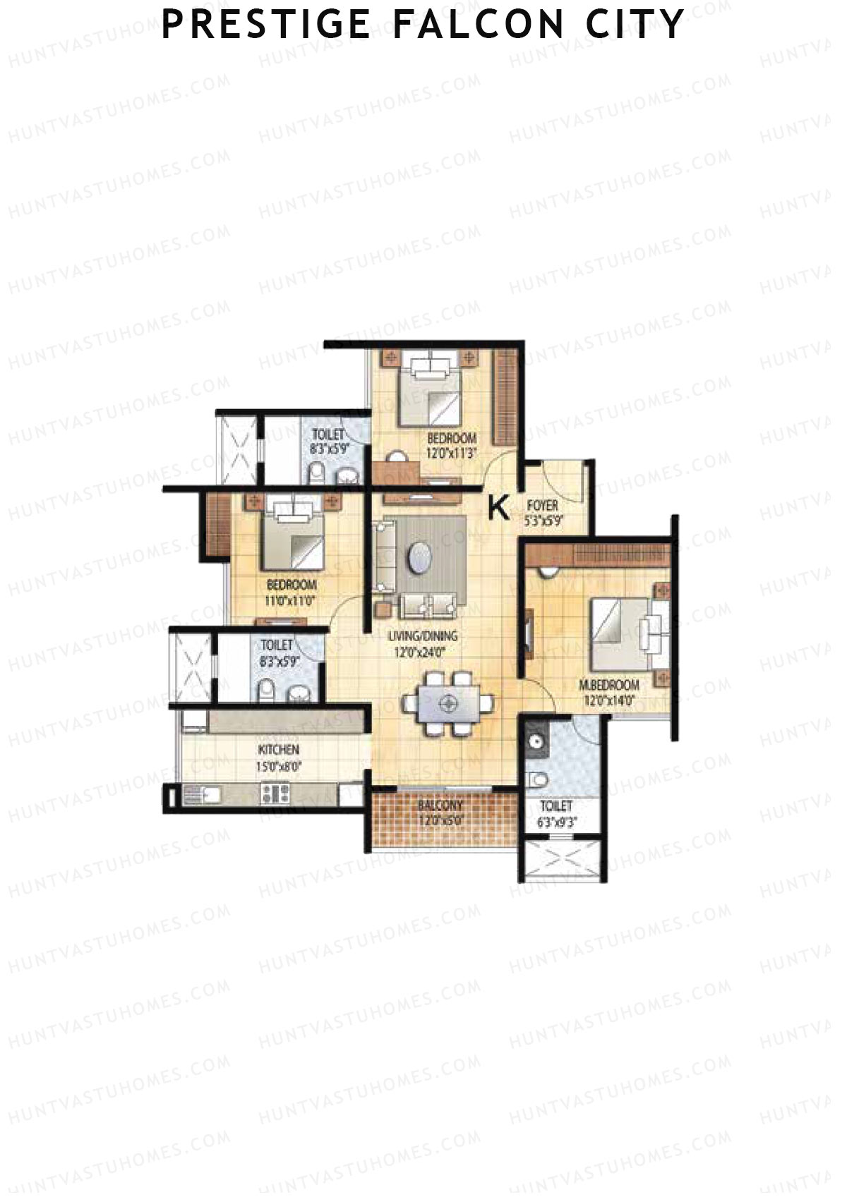 Prestige Falcon City Tower 1 Unit 4 (Type K) Floor Plan