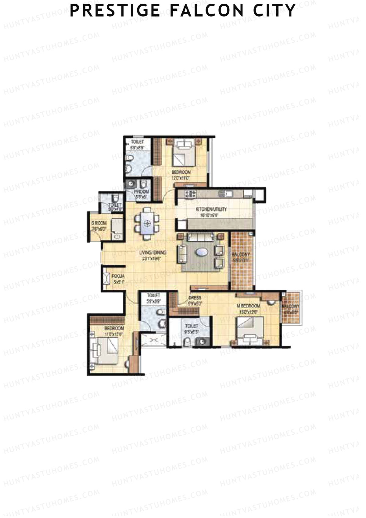 Prestige Falcon City Tower 20 Unit 3 (Type T) Floor Plan