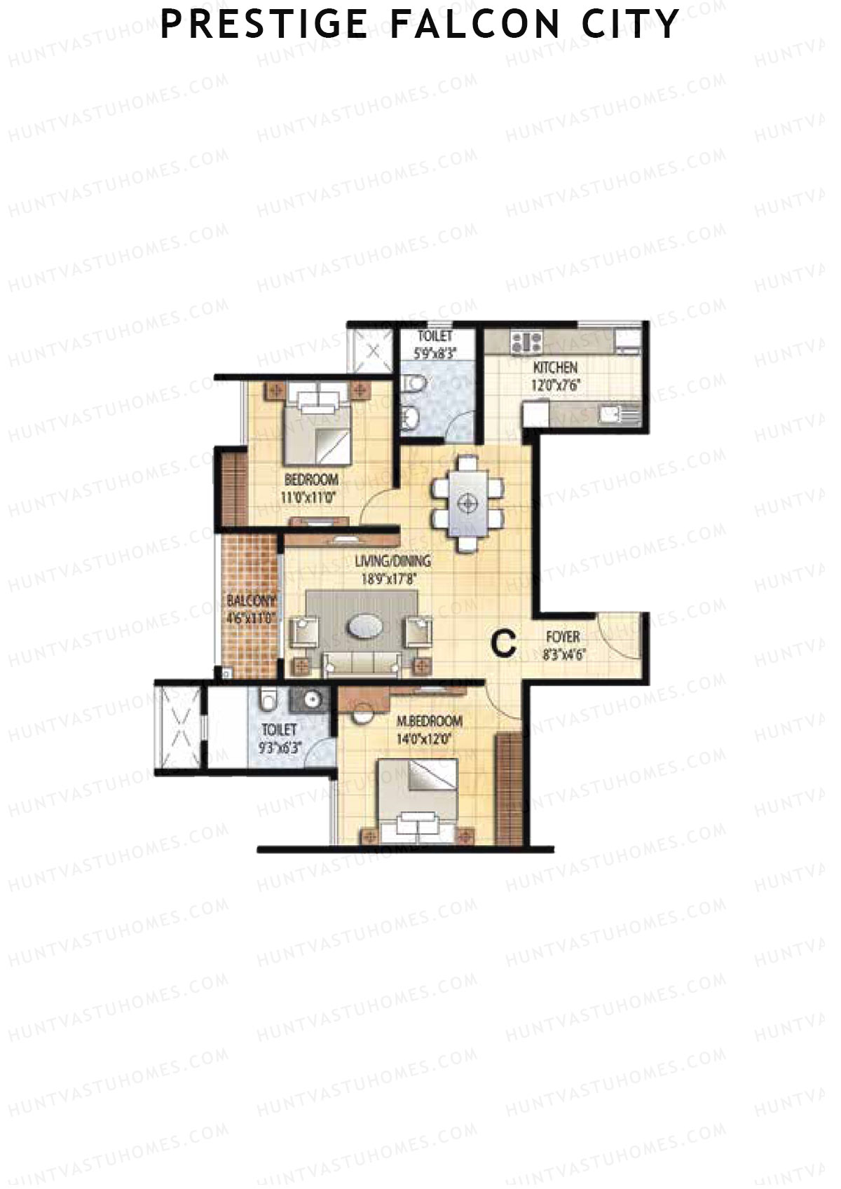 Prestige Falcon City Tower 24 Unit 2 (Type C) Floor Plan