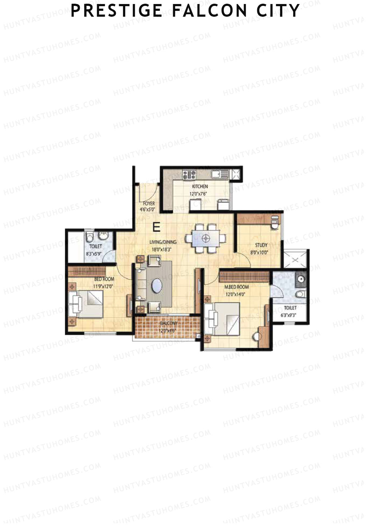 Prestige Falcon City Tower 5 Unit 3 (Type E) Floor Plan