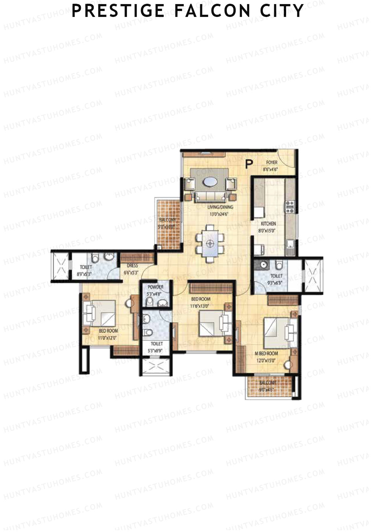 Prestige Falcon City Tower 8 Unit 1 (Type P) Floor Plan