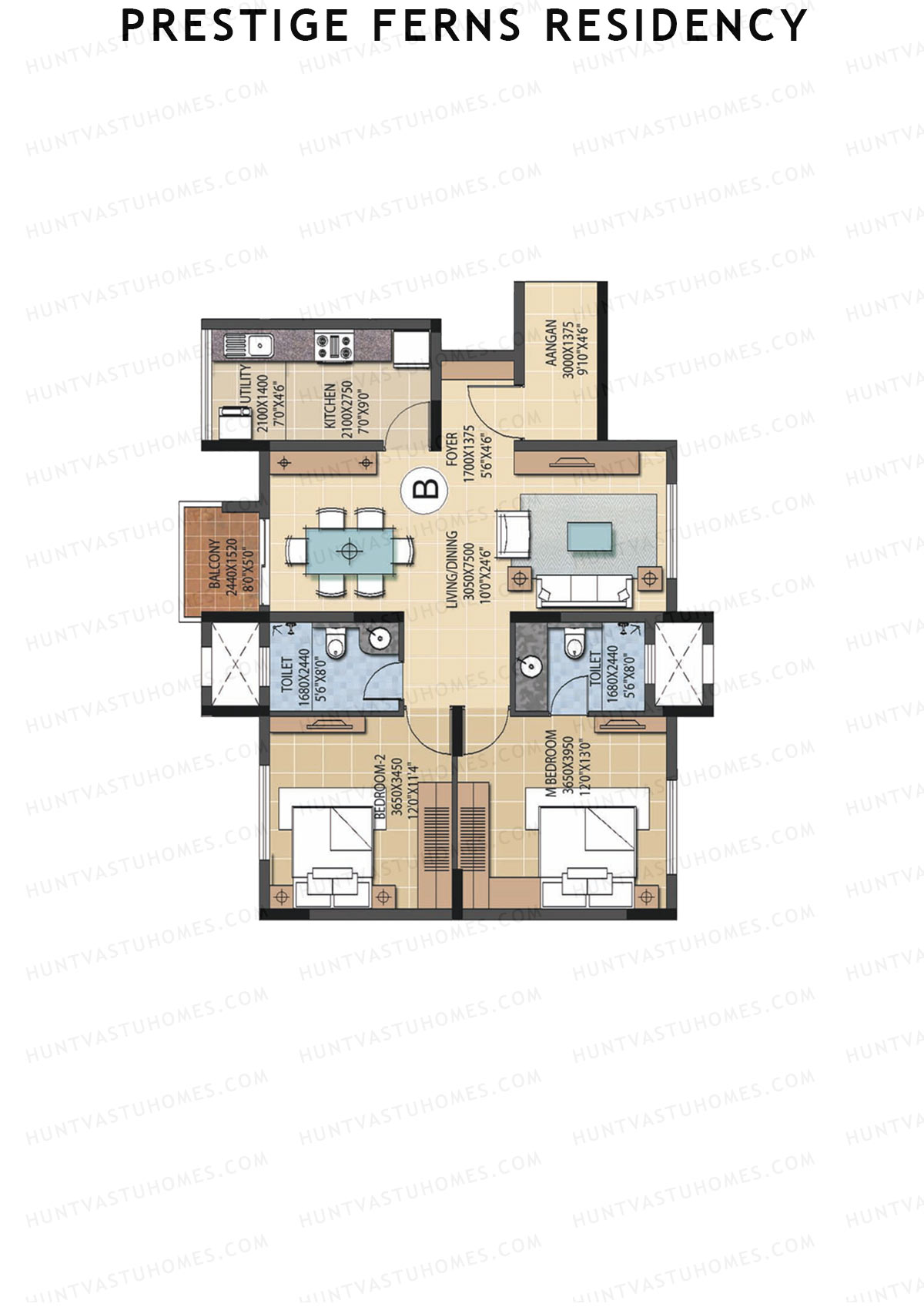 Prestige Ferns Residency, Tower 11, Unit 1 (Type B), 2BHK, Super Area 1197   sq ft 