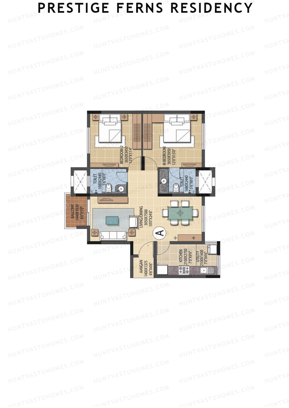 Prestige Ferns Residency, Tower 11, Unit 2 (Type A), 2BHK, Super Area 1174   sq ft 
