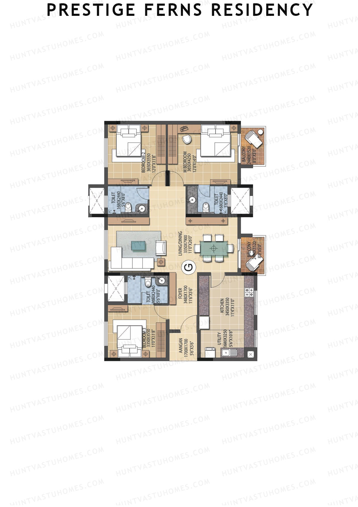 Prestige Ferns Residency, Tower 12, Unit 3 (Type G), 3BHK, Super Area 1755   sq ft 