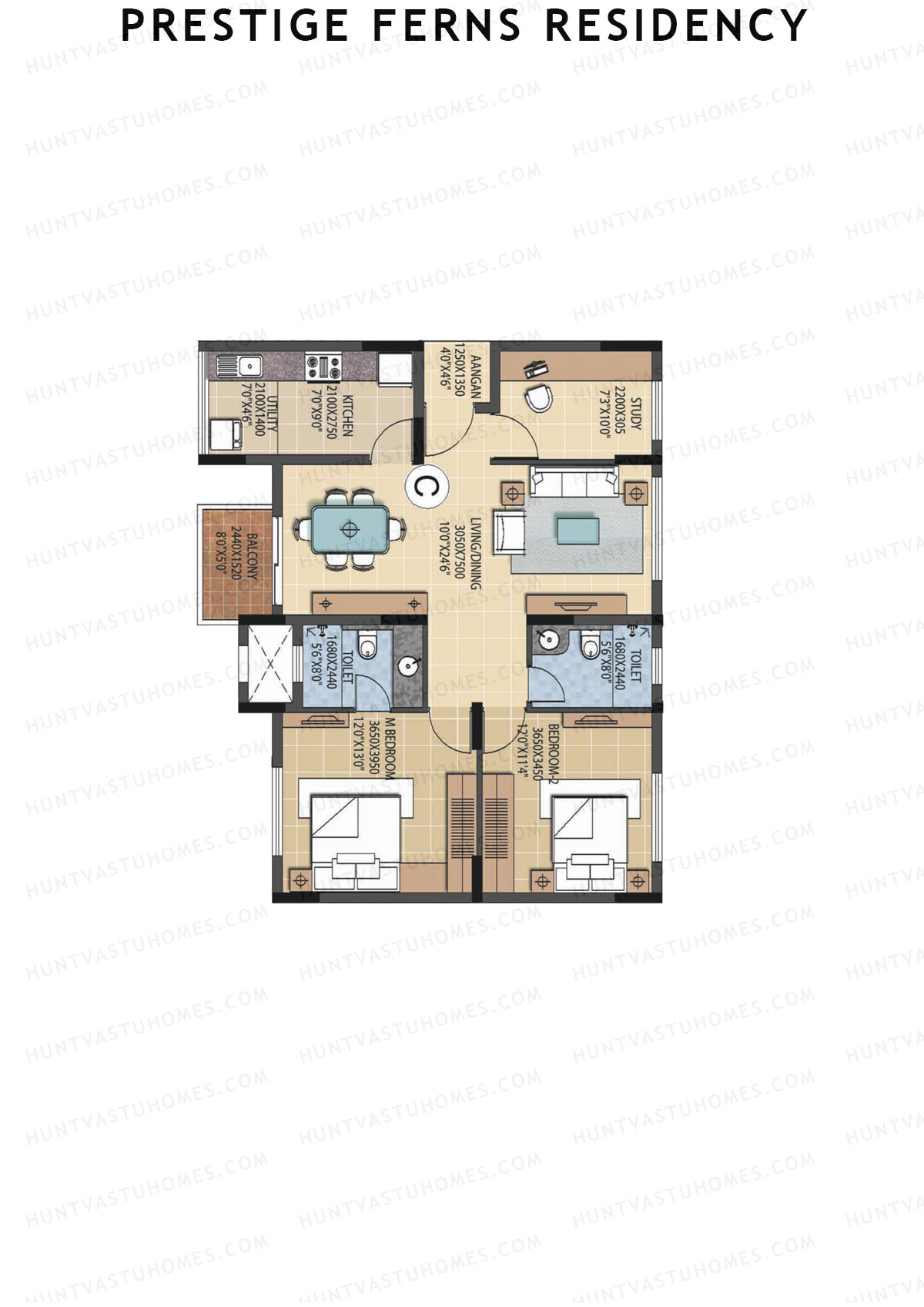 Prestige Ferns Residency, Tower 14, Unit 3 (Type C), 2BHK, Super Area 1290   sq ft 