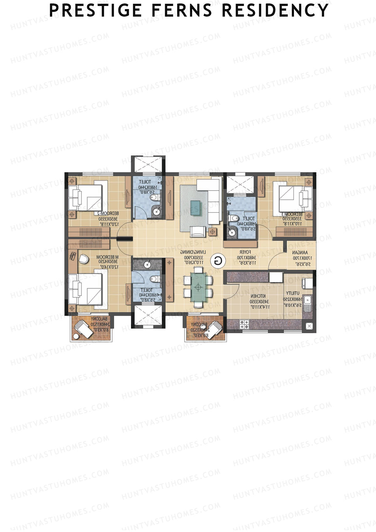 Prestige Ferns Residency, Tower 16, Unit 2 (Type G), 3BHK, Super Area 1755   sq ft 