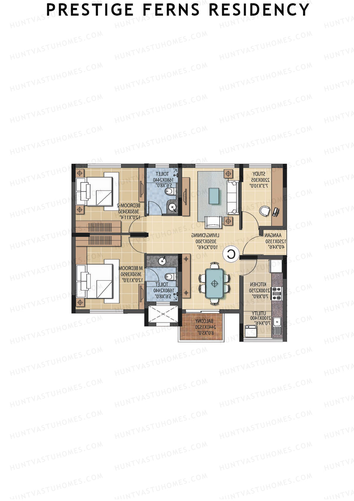 Prestige Ferns Residency, Tower 16, Unit 3 (Type C), 2BHK, Super Area 1290   sq ft 