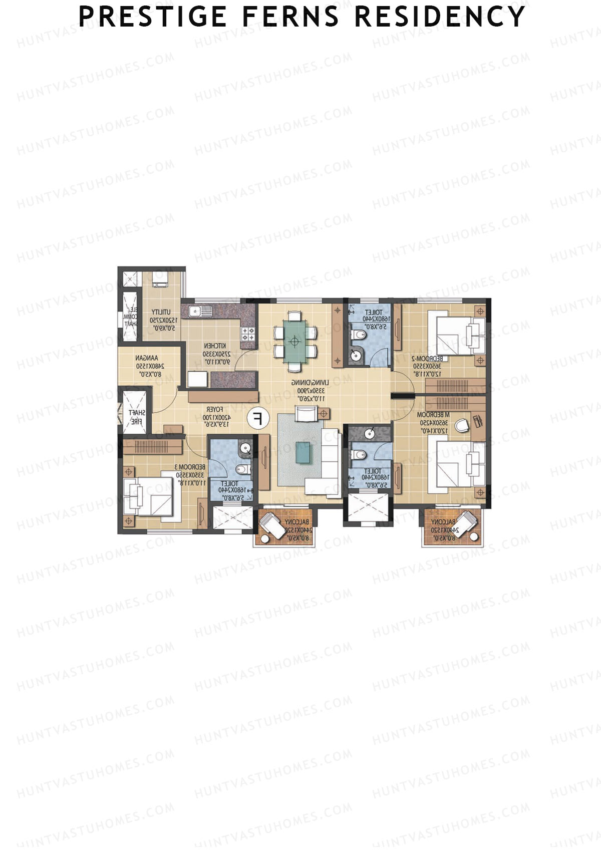 Prestige Ferns Residency, Tower 17, Unit 1 (Type F), 3BHK, Super Area 1749   sq ft 