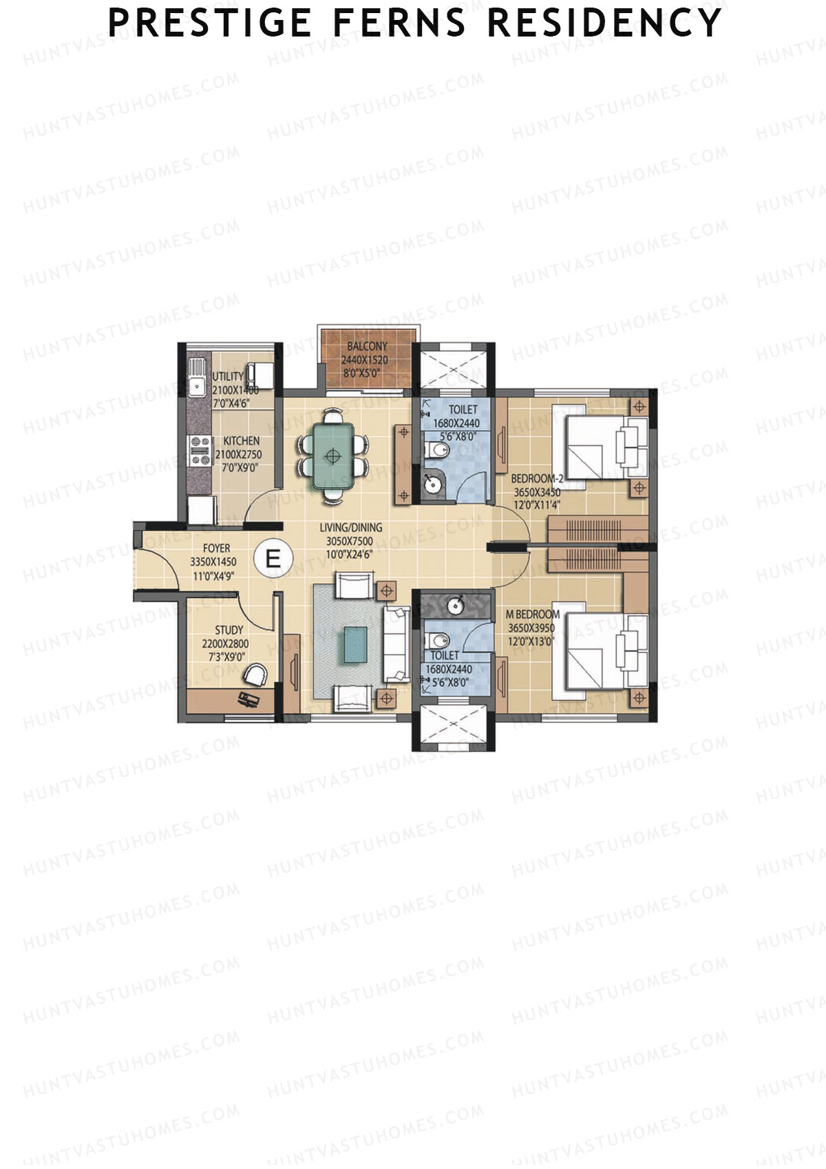Prestige Ferns Residency, Tower 19, Unit 4 (Type E), 2BHK, Super Area 1331   sq ft 