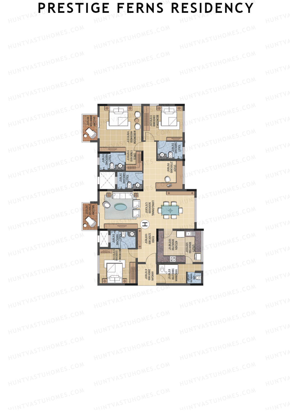 Prestige Ferns Residency, Tower 1, Unit 2 (Type H), 3BHK, Super Area 2221   sq ft 