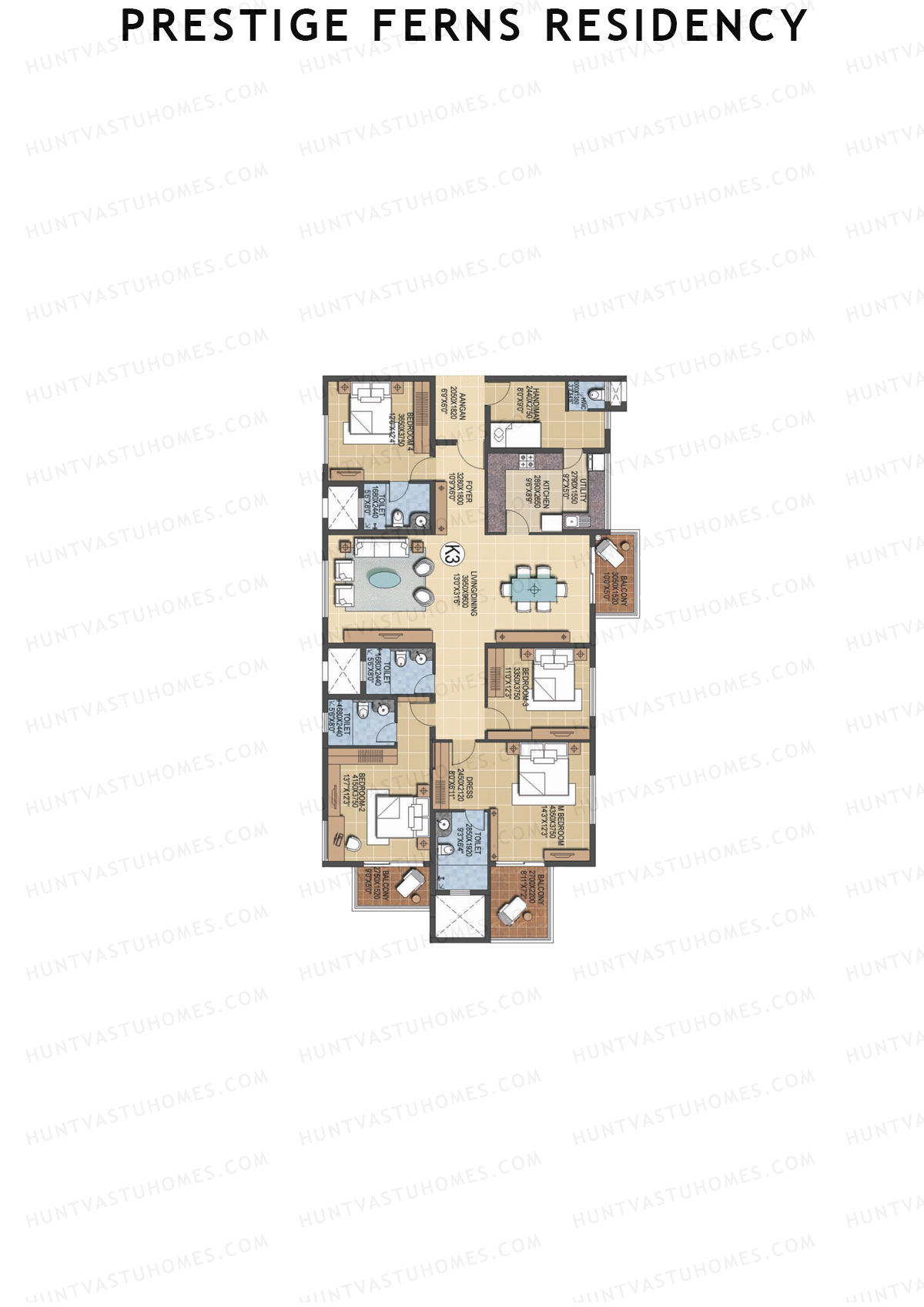 Prestige Ferns Residency, Tower 1, Unit 4 (Type K3), 4BHK, Super Area 2597   sq ft 