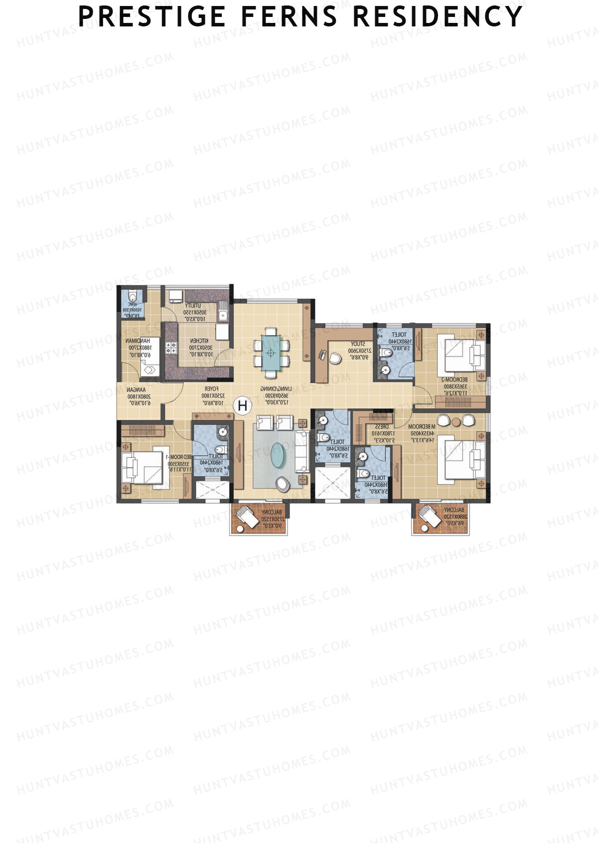 Prestige Ferns Residency, Tower 20, Unit 3 (Type H), 3BHK, Super Area 2221   sq ft 