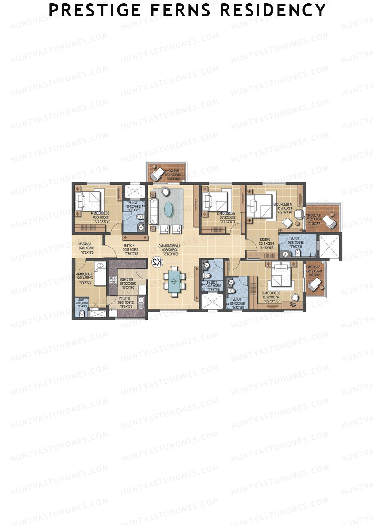 Prestige Ferns Residency, Tower 21, Unit 2 (Type K2), 4BHK, Super Area 2592   sq ft 