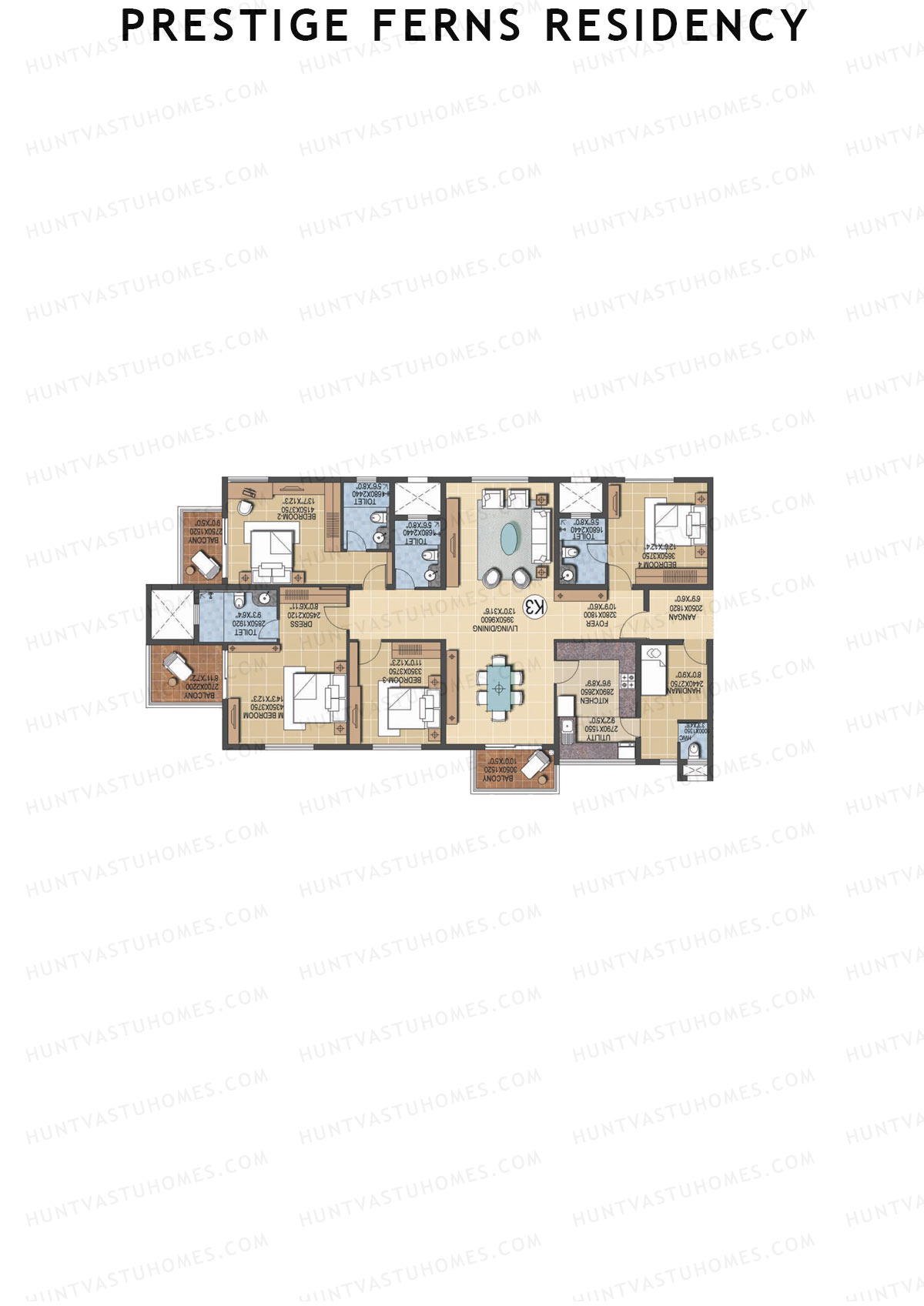 Prestige Ferns Residency, Tower 22, Unit 1 (Type K3), 4BHK, Super Area 2597   sq ft 