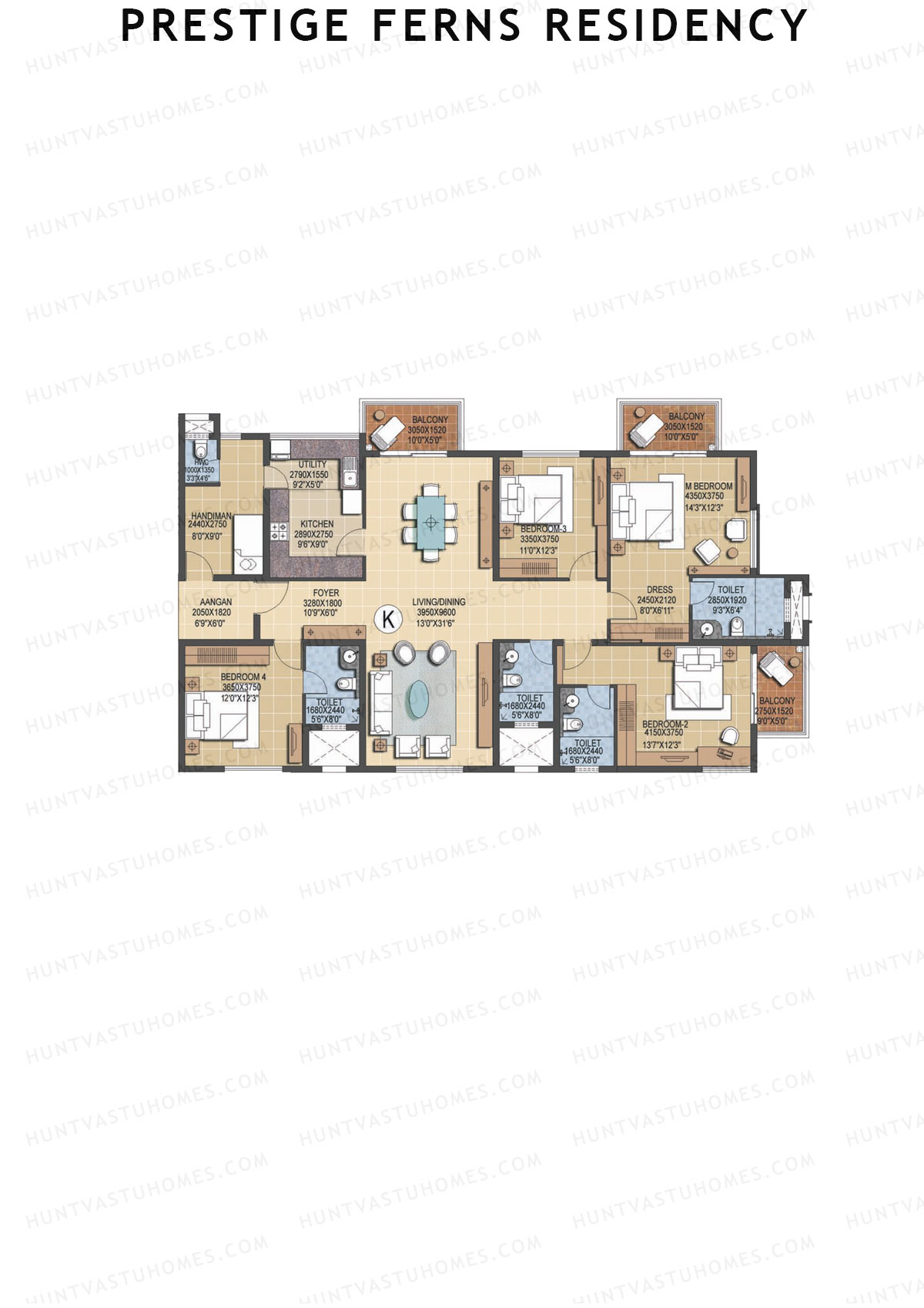 Prestige Ferns Residency, Tower 22, Unit 2 (Type K), 4BHK, Super Area 2569   sq ft 